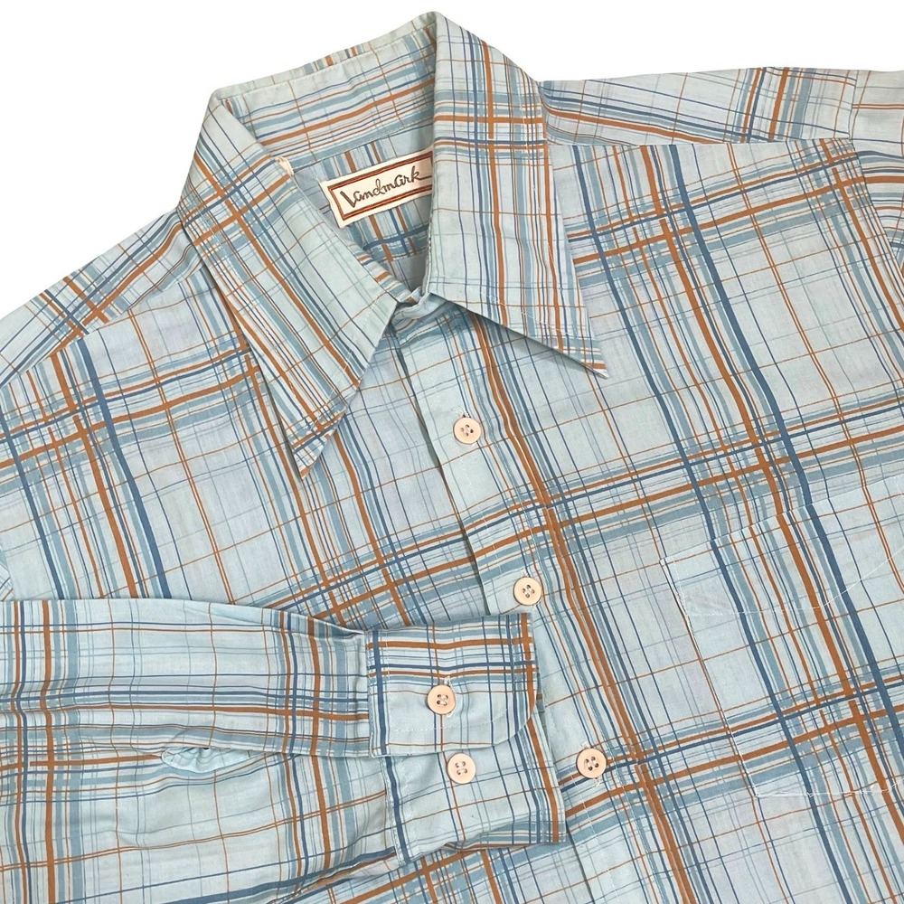 Landmark Vintage Plaid Button Up Shirt Mens 16.5 Blue Dagger Collar 70s Retro
